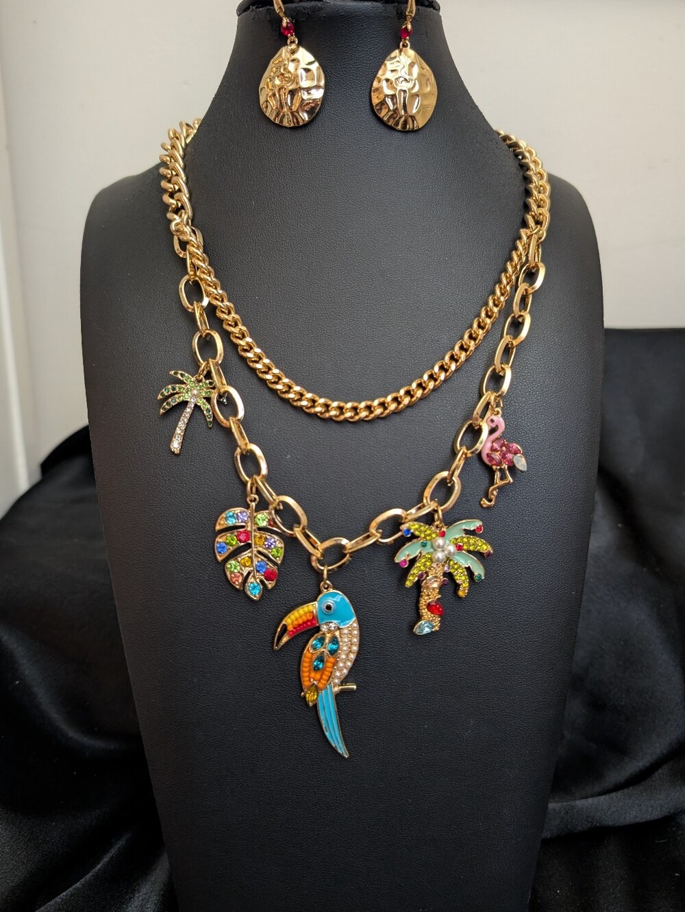 #17. NWOT Gold Double Strand Charm Necklace With Earrings